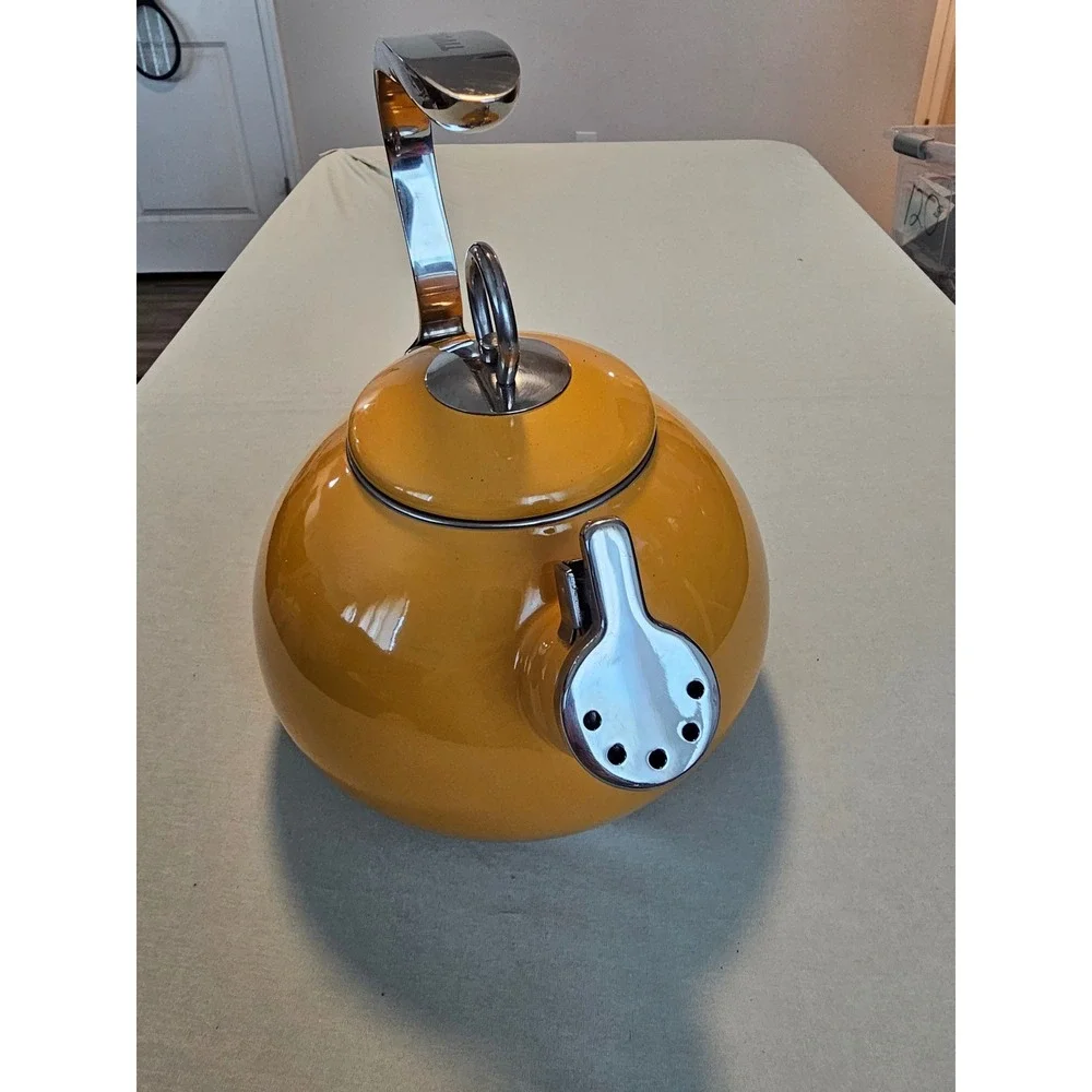 Tivoli Yellow Enamel Whistling Tea Kettle Stainless Steel Handle Stovetop Teapot